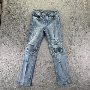 Hand Made Jeans Mens 30x30 Blue Cotton Straight Distressed Faded Biker Stretch